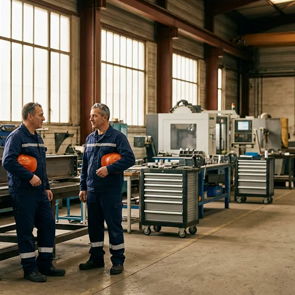 Salariés d'une PME industrielle de la métallurgie de Nanterre dans leur atelier, mieux couverts après audit de la mutuelle collective