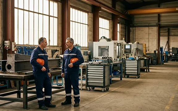 Salariés d'une PME industrielle de la métallurgie de Nanterre dans leur atelier, mieux couverts après audit de la mutuelle collective