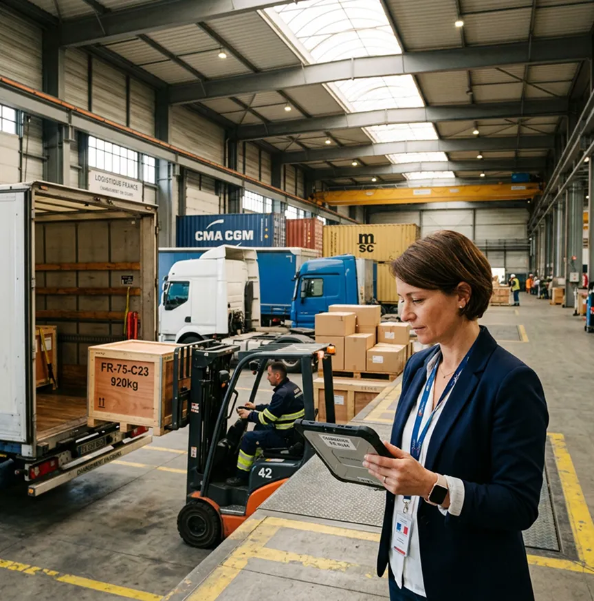 Responsable logistique française contrôlant sur tablette le chargement d'un camion sur une plateforme intermodale, avec chariot élévateur et caisses en cours de manutention, illustration de la couverture de bout en bout des marchandises transportées