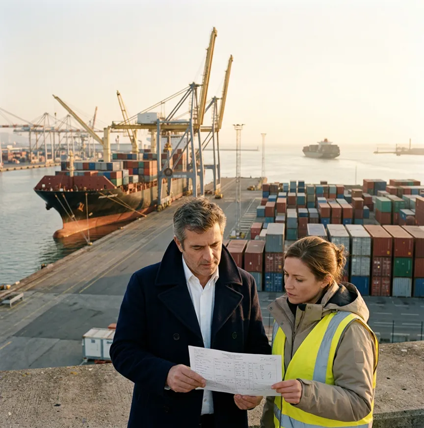 Armateur français et expert maritime consultant un document d'expédition sur le quai d'un port de commerce, devant un porte-conteneurs en cours de chargement, illustration de la frontière corps du navire et cargaison en assurance maritime
