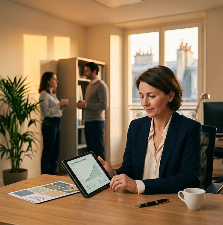 Salariée d'une PME française vérifiant sur tablette son plan d'épargne retraite d'entreprise (PER), abondement employeur loi PACTE SW Courtage
