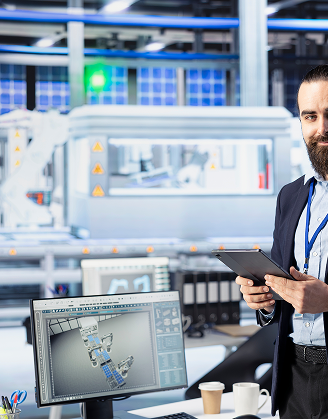 Engineer reviewing equipment data on a tablet in a semiconductor fab