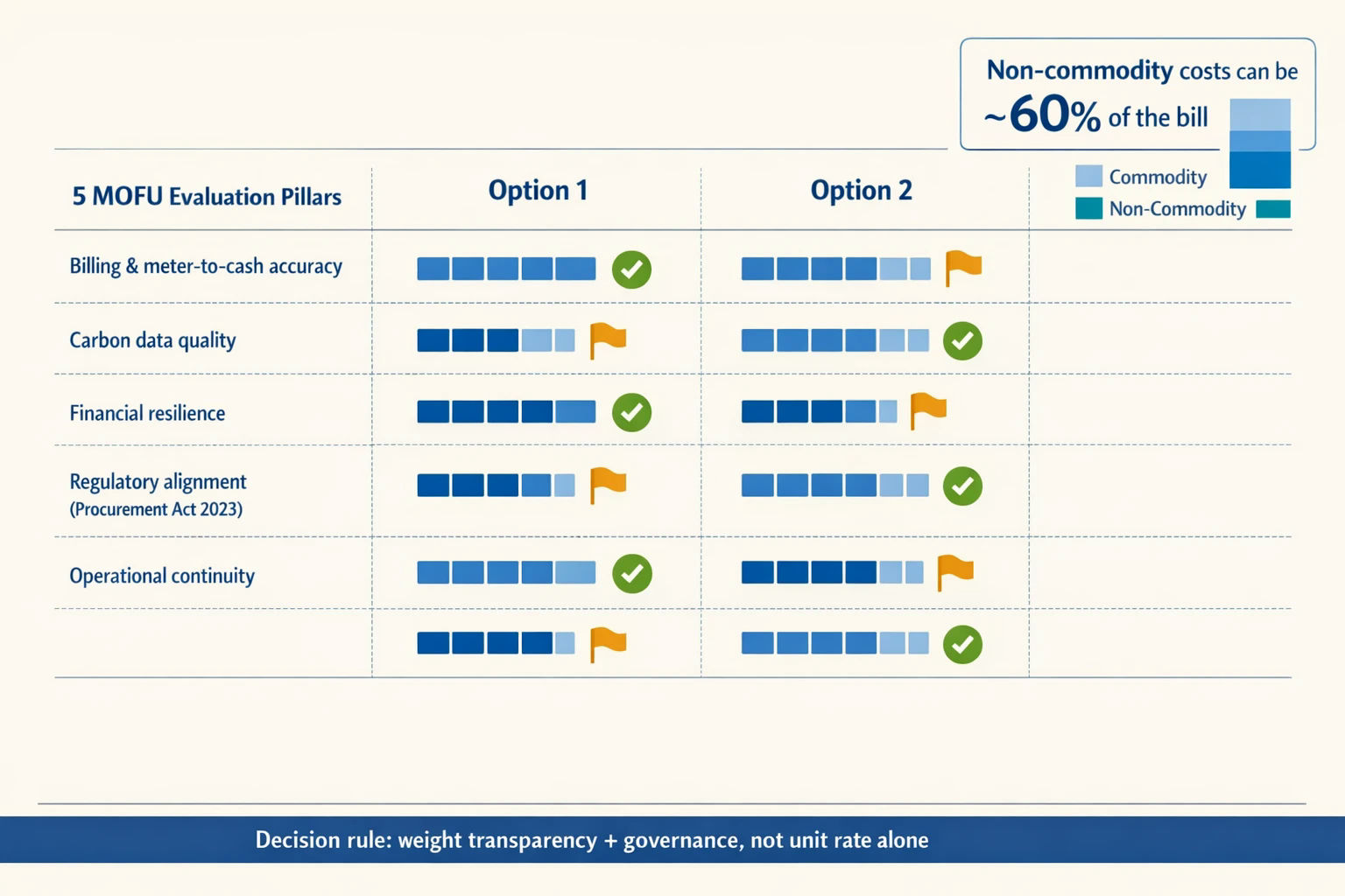 Supplier bid evaluation matrix comparing contract Option 1 and Option 2
