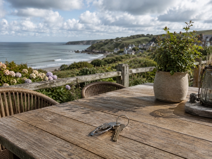 Clés sur table en bois à l'extérieur avec vue sur la mer, des collines et des maisons au loin.