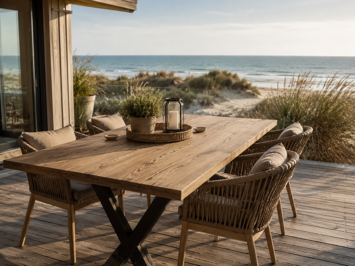 Table en bois avec quatre chaises en rotin et une vue sur la plage et la mer au coucher du soleil.