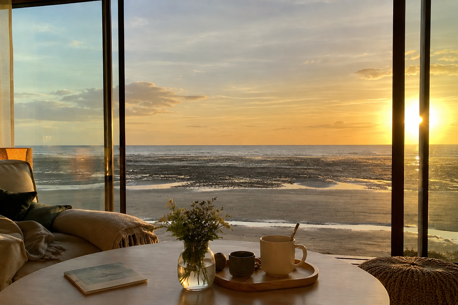 Vue sur la plage au coucher du soleil depuis une fenêtre avec tasse, vase et canapé.
