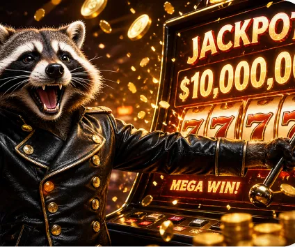 Animated raccoon wearing a black leather jacket celebrating a jackpot win of $10,000,000 on a slot machine showing triple 7s with gold coins flying around.