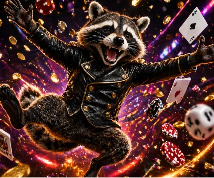 Animated raccoon wearing a black leather jacket joyfully jumping amid floating poker chips, playing cards, and dice with vibrant swirling lights in the background.