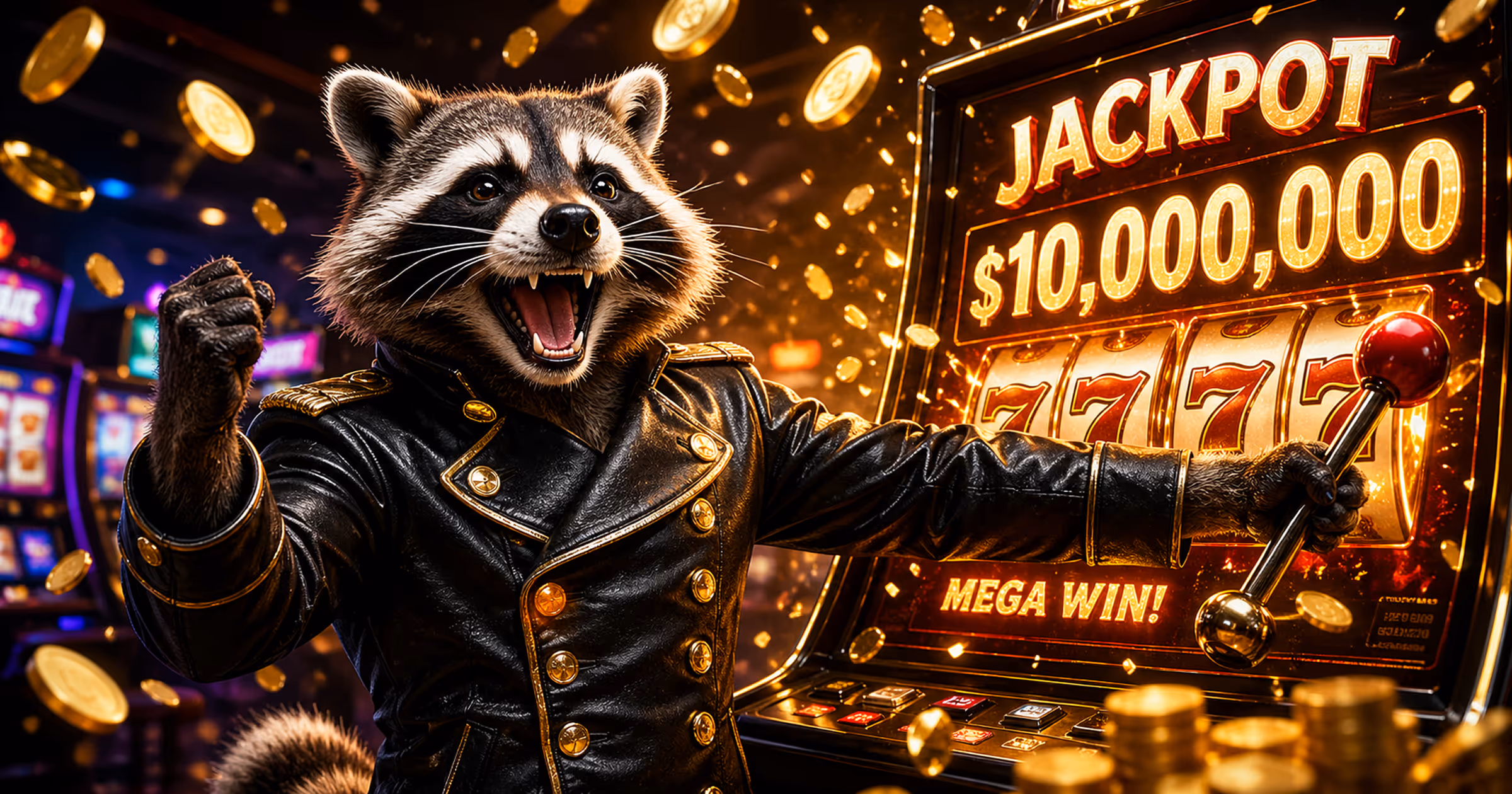 Excited raccoon in a black leather jacket pulls slot machine showing jackpot $10,000,000 and mega win.