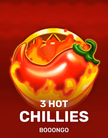 Red chili pepper with flames inside a golden circle and text '3 HOT CHILLIES BOOONGO'.