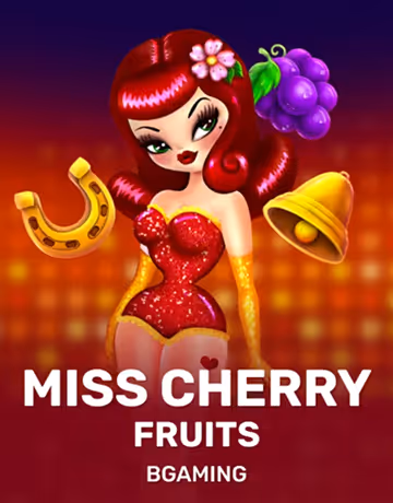 Cartoon woman in red with grapes, horseshoe, and bell, text Miss Cherry Fruits BGaming.