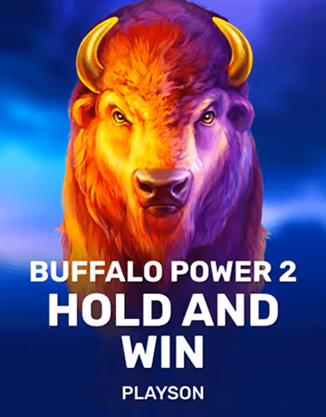 Illustration of a fierce buffalo head with golden horns and text 'Buffalo Power 2 Hold and Win' by Playson.