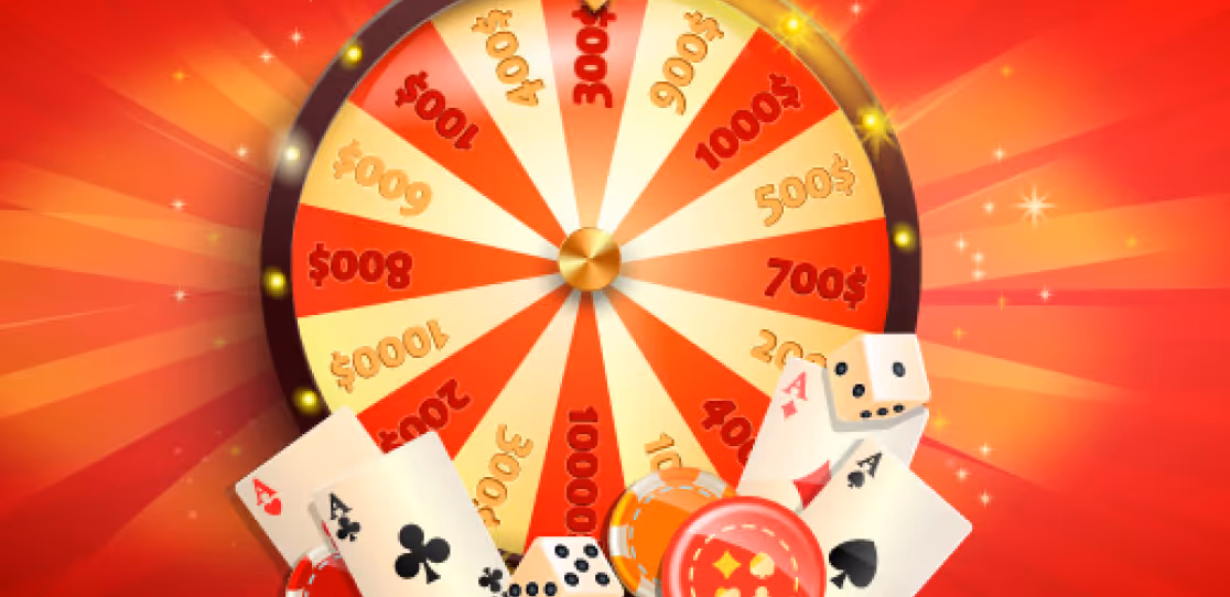 Casino wheel with dollar amounts, poker chips, playing cards, and dice on red sparkly background.