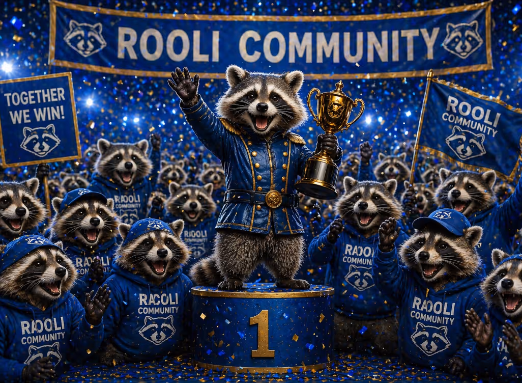 Raccoon mascots celebrate on a podium holding a trophy with banners saying Rooli Community.