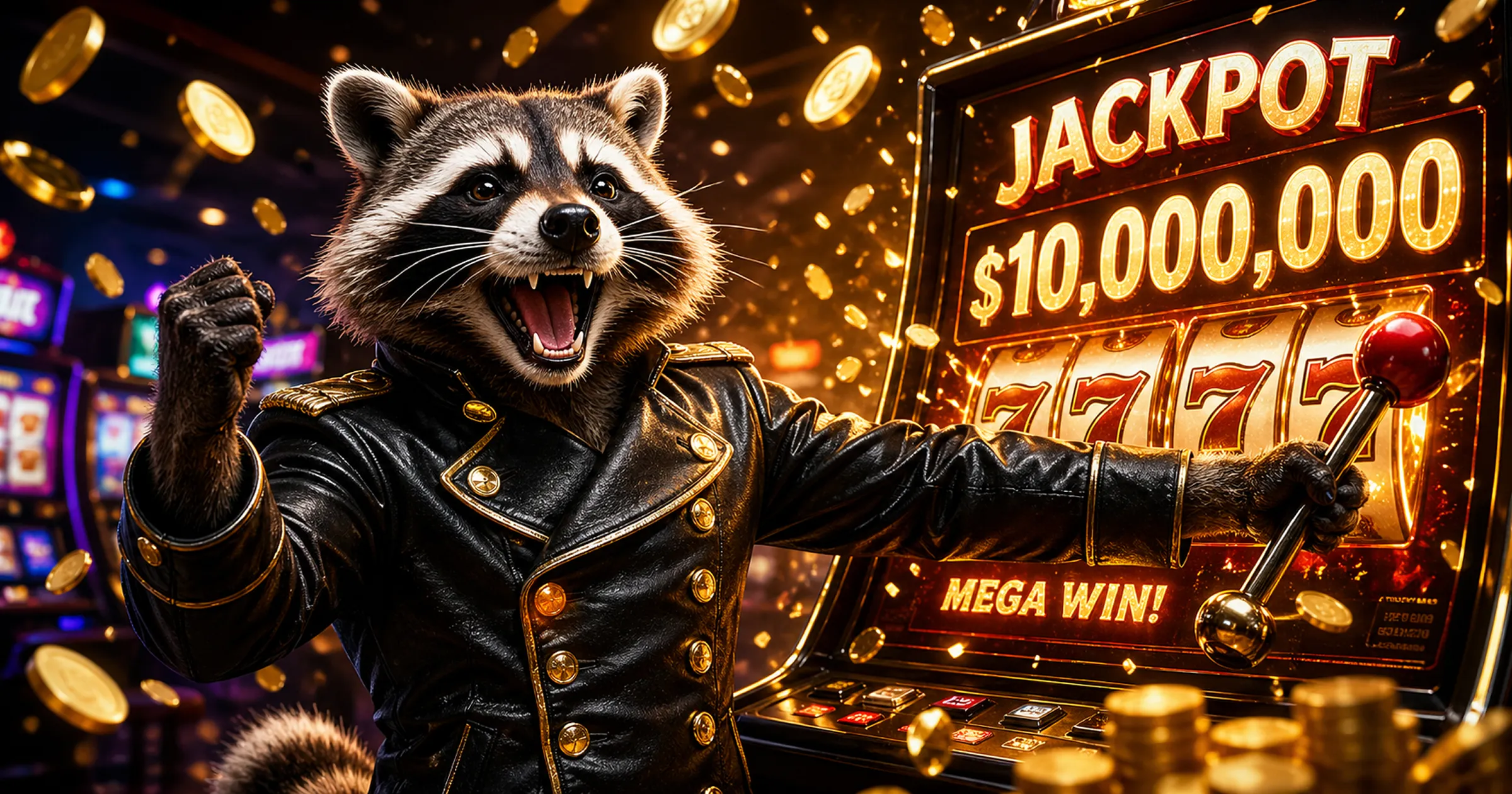 Excited raccoon in leather jacket wins $10,000,000 jackpot on slot machine with coins flying.