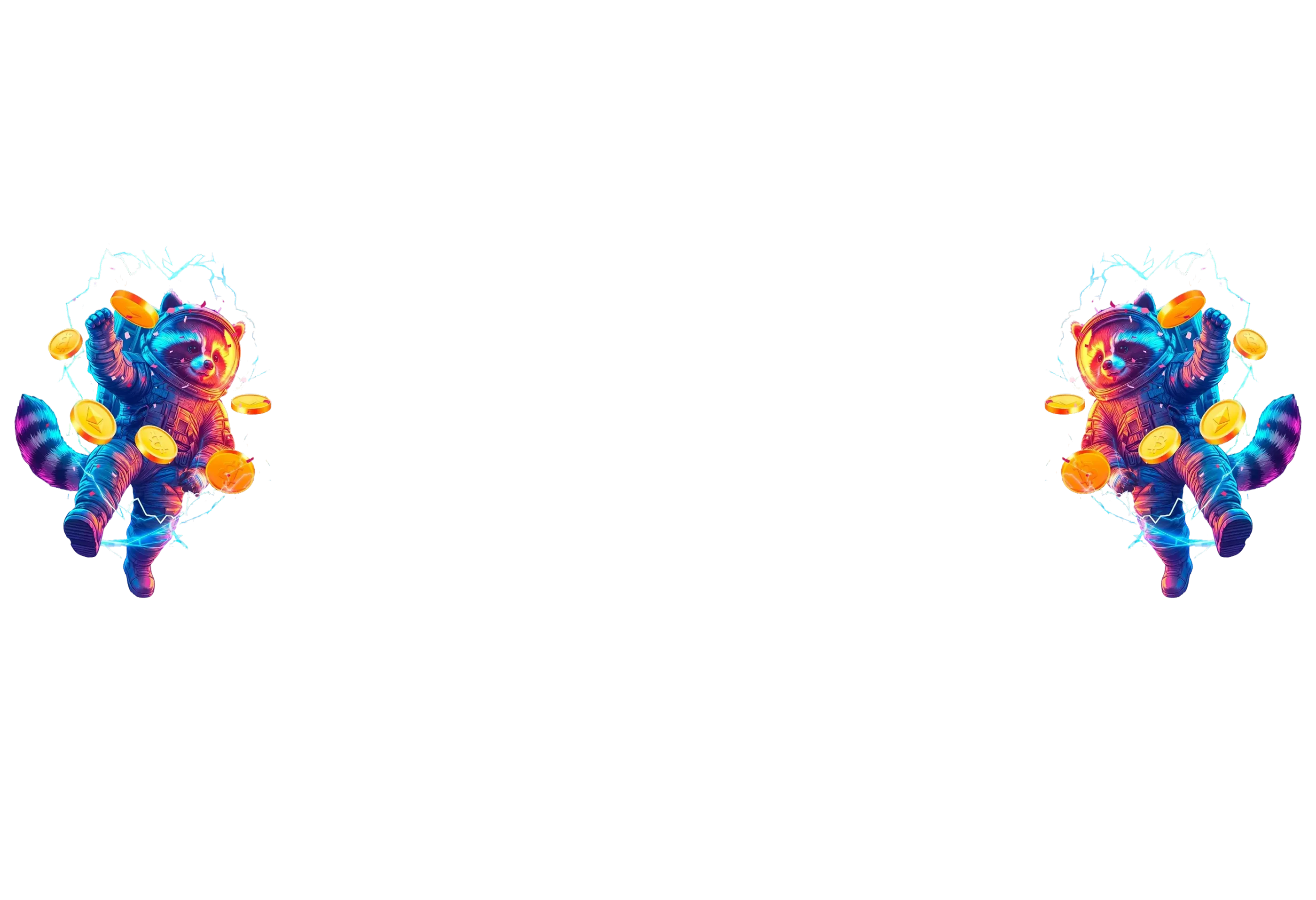 Two neon-lit raccoons in space suits surrounded by floating cryptocurrency coins.