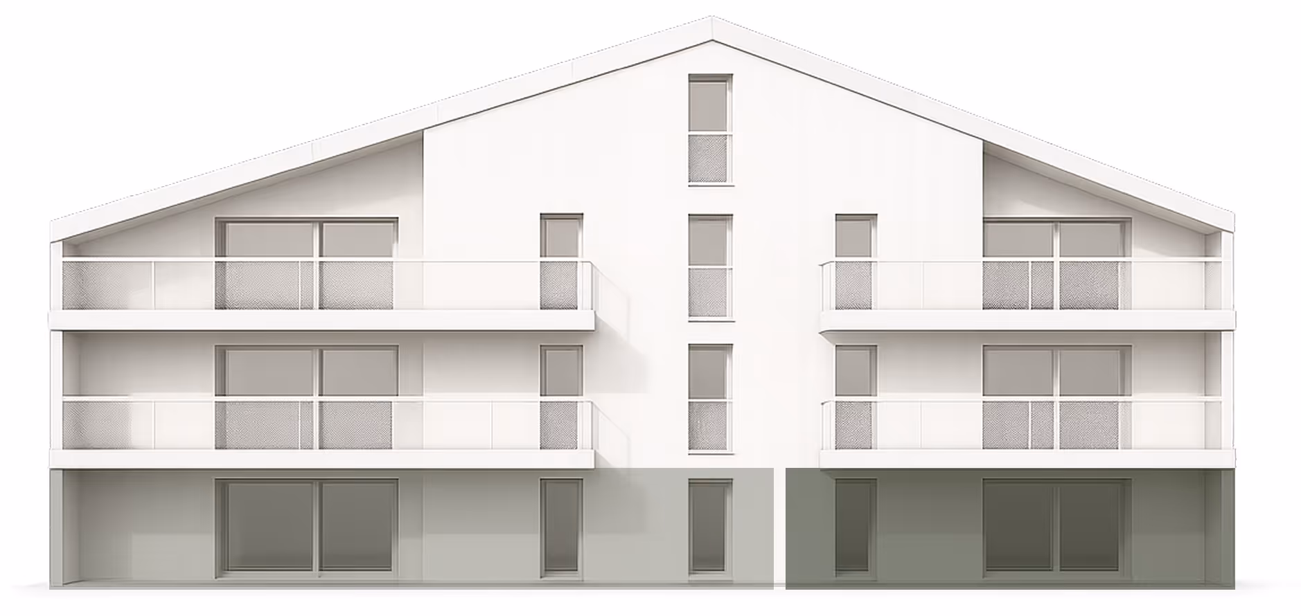 Façade blanche d'un immeuble à trois étages avec balcons et grandes fenêtres coulissantes.