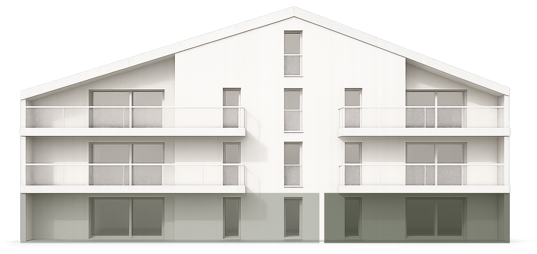 Façade blanche d'un immeuble à trois étages avec balcons et grandes fenêtres coulissantes.