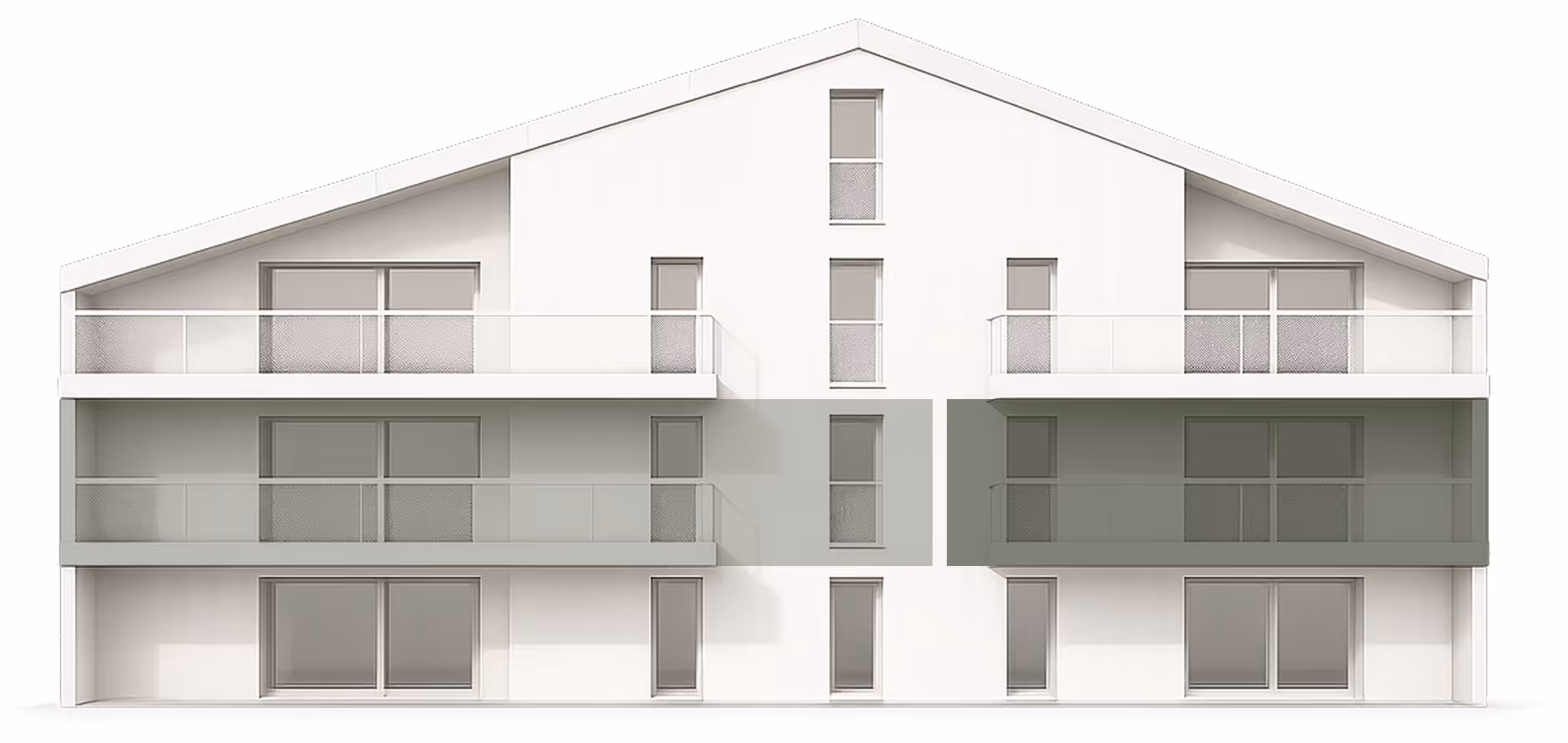 Façade d'un immeuble moderne blanc avec balcons verrière et fenêtres étroites.