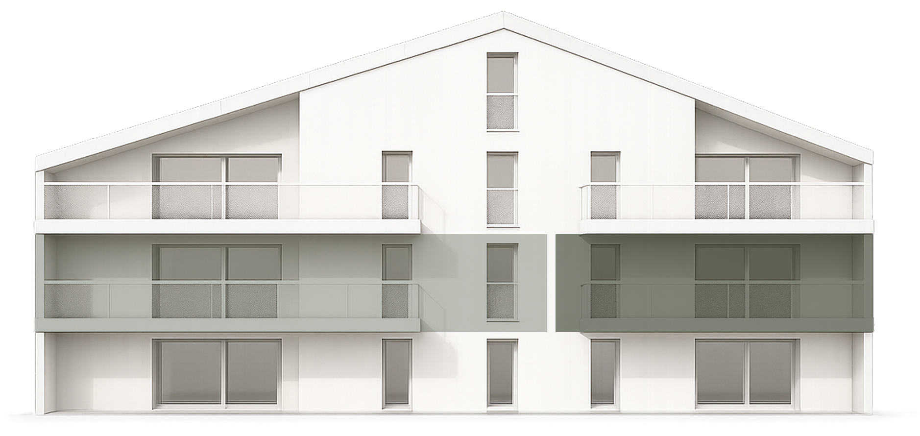 Façade d'un immeuble moderne blanc avec balcons verrière et fenêtres étroites.