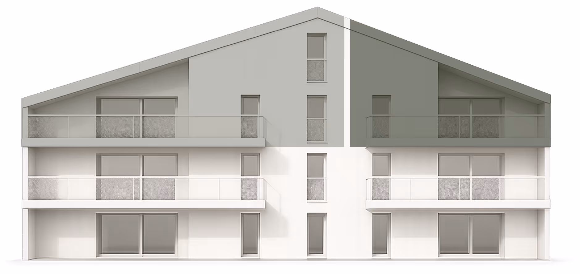 Façade d'un immeuble moderne à trois étages avec balcons et grandes fenêtres.