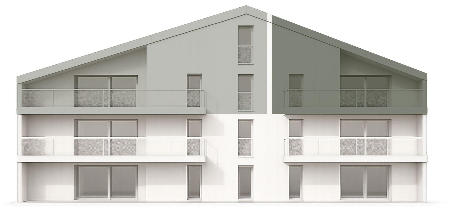Façade d'un immeuble moderne à trois étages avec balcons et grandes fenêtres.