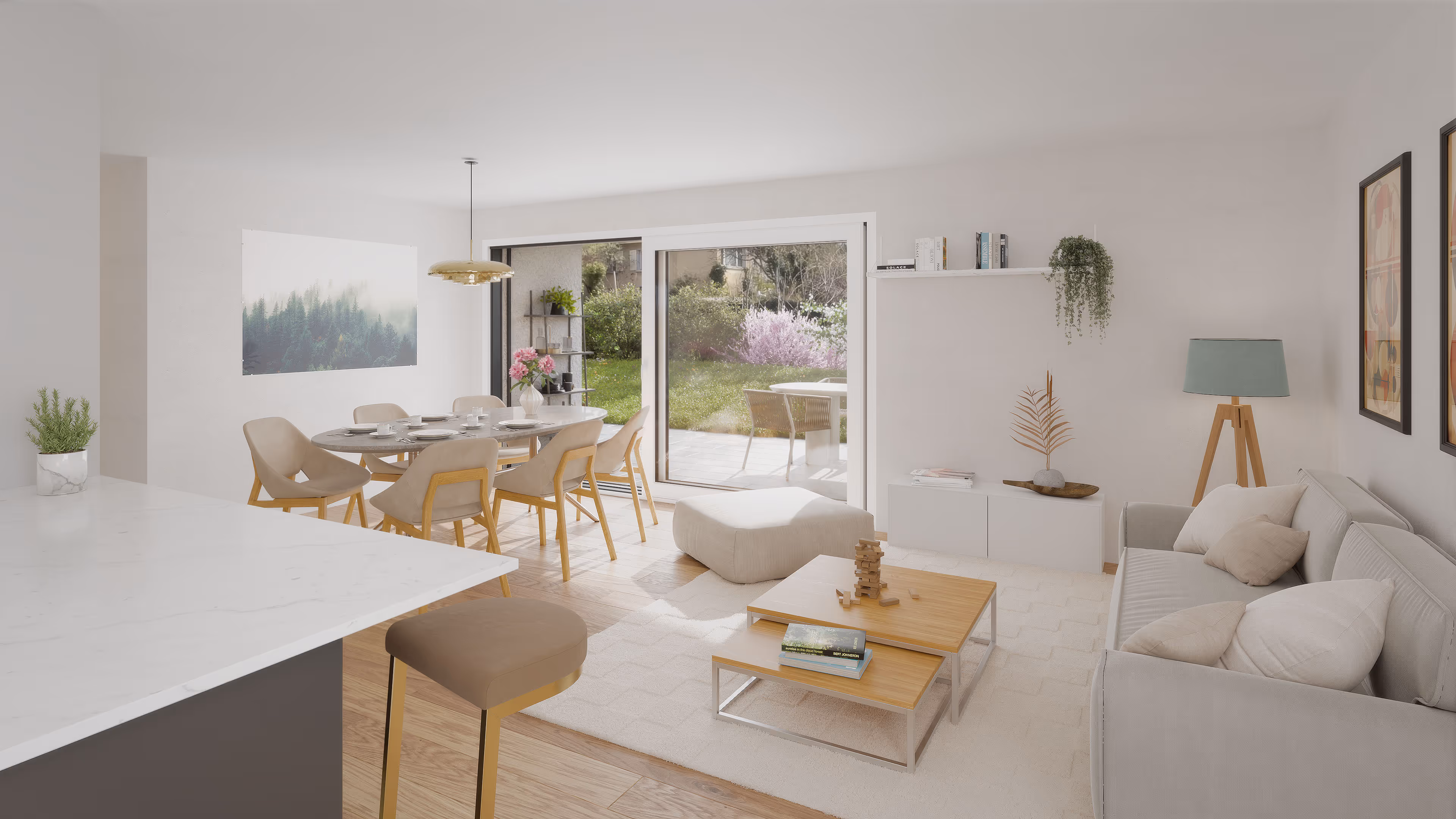 Salon lumineux avec canapé gris, table basse, salle à manger, baie vitrée et vue sur jardin fleuri.