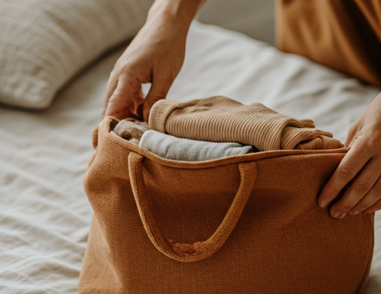 Hände packen eine Kliniktasche für den Klinikaufenthalt zur Geburt