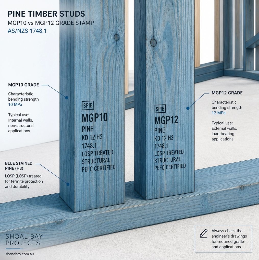 Comparison of blue-stained pine structural studs MGP10 vs MGP12 for residential framing compliance