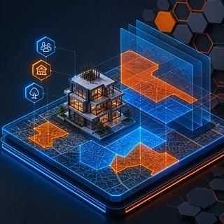 A 3D digital model of a residential building on a virtual blueprint grid, representing the integration of advanced planning and compliance technology.