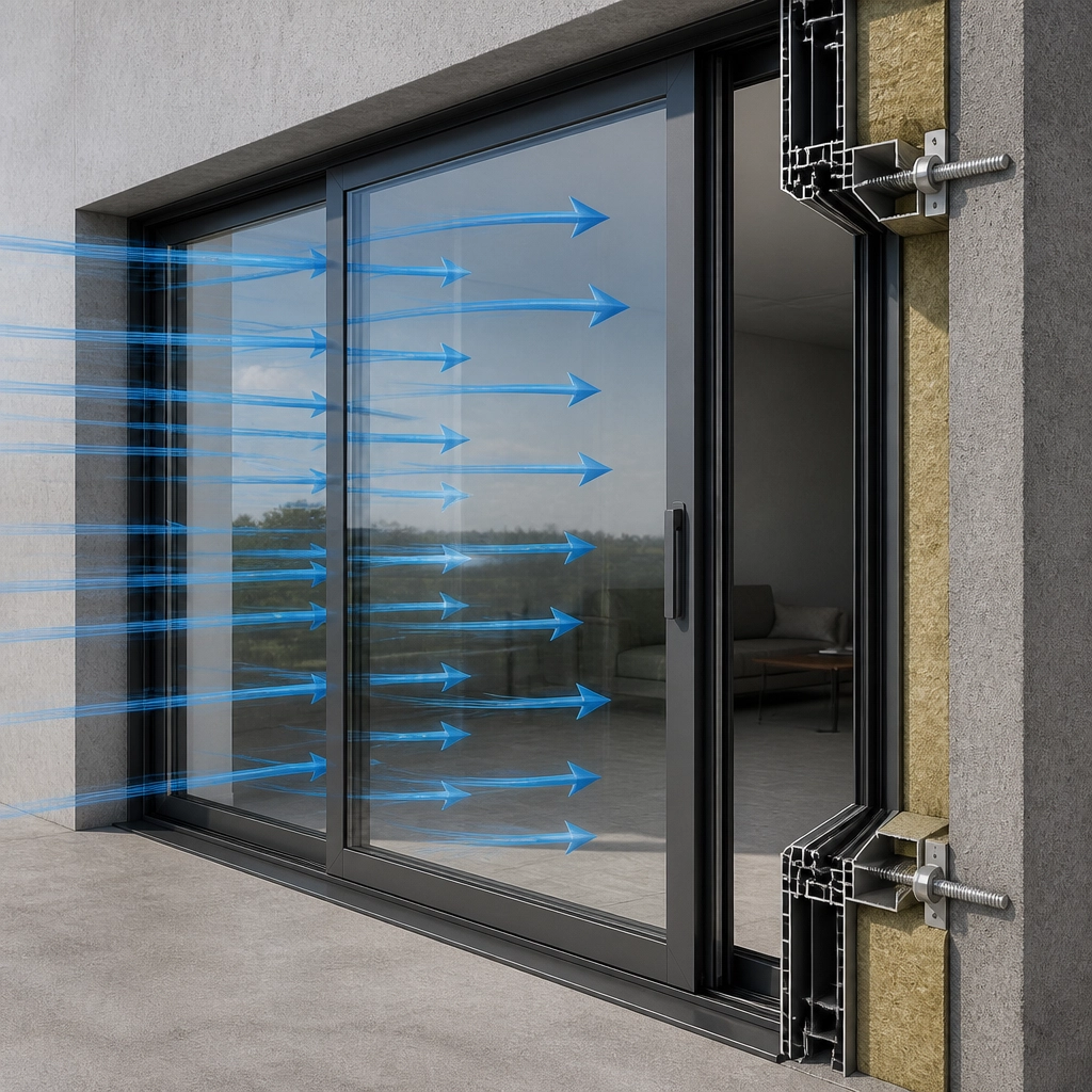 A forensic 3D illustration of a large sliding glass door undergoing wind pressure testing with blue pressure vectors.