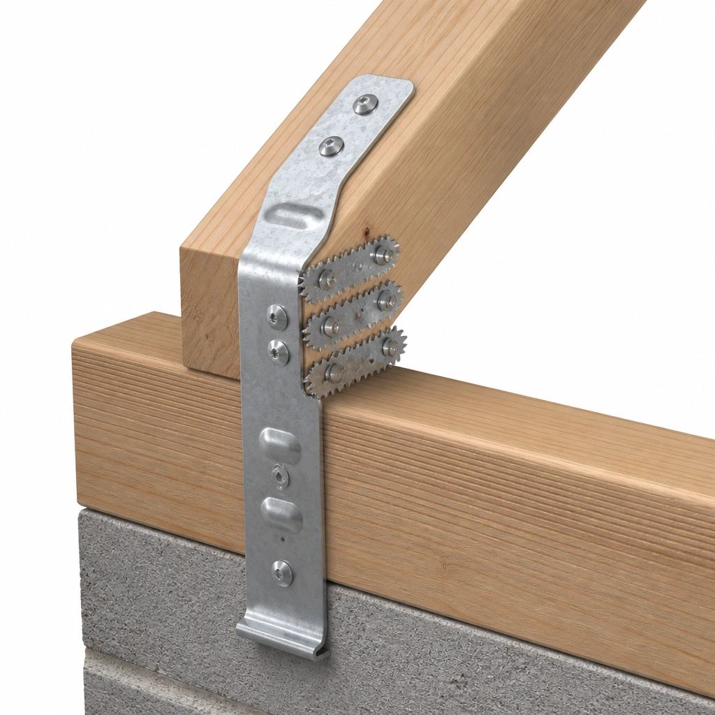 A detailed 3D forensic rendering of a residential roof tie-down connection showing cyclone straps and triple grips.