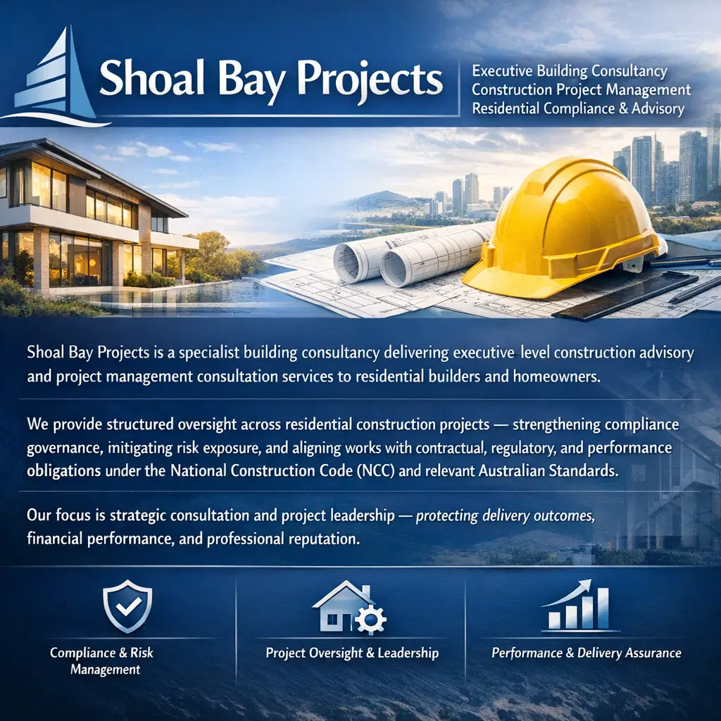 Shoal Bay Projects executive services overview showing house plans, safety helmet, and a focus on compliance and risk management.