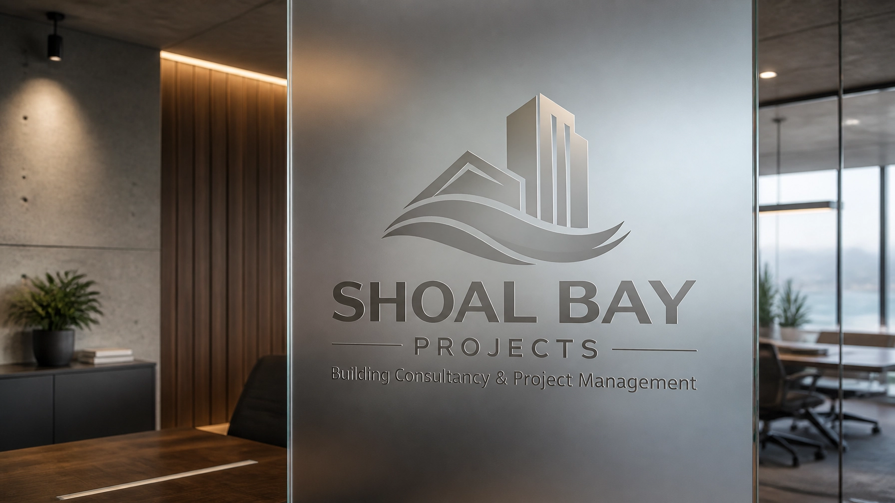 The Shoal Bay Projects logo etched into a frosted glass divider in an executive office