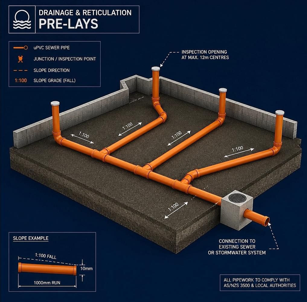 Visual guide showing compliant pre-lay drainage and reticulation for residential construction.