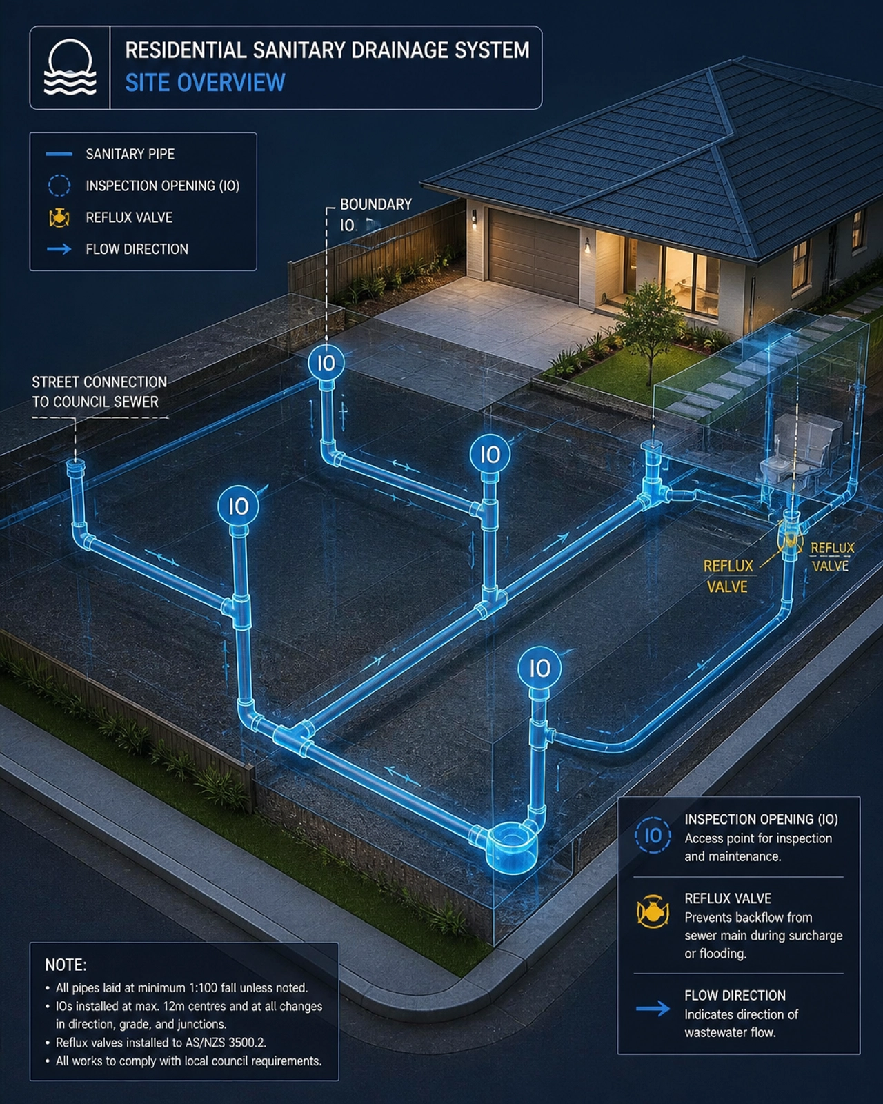 A technical 3D visualization of a residential building site with a transparent ground effect showing a complex network of sanitary drainage pipes.