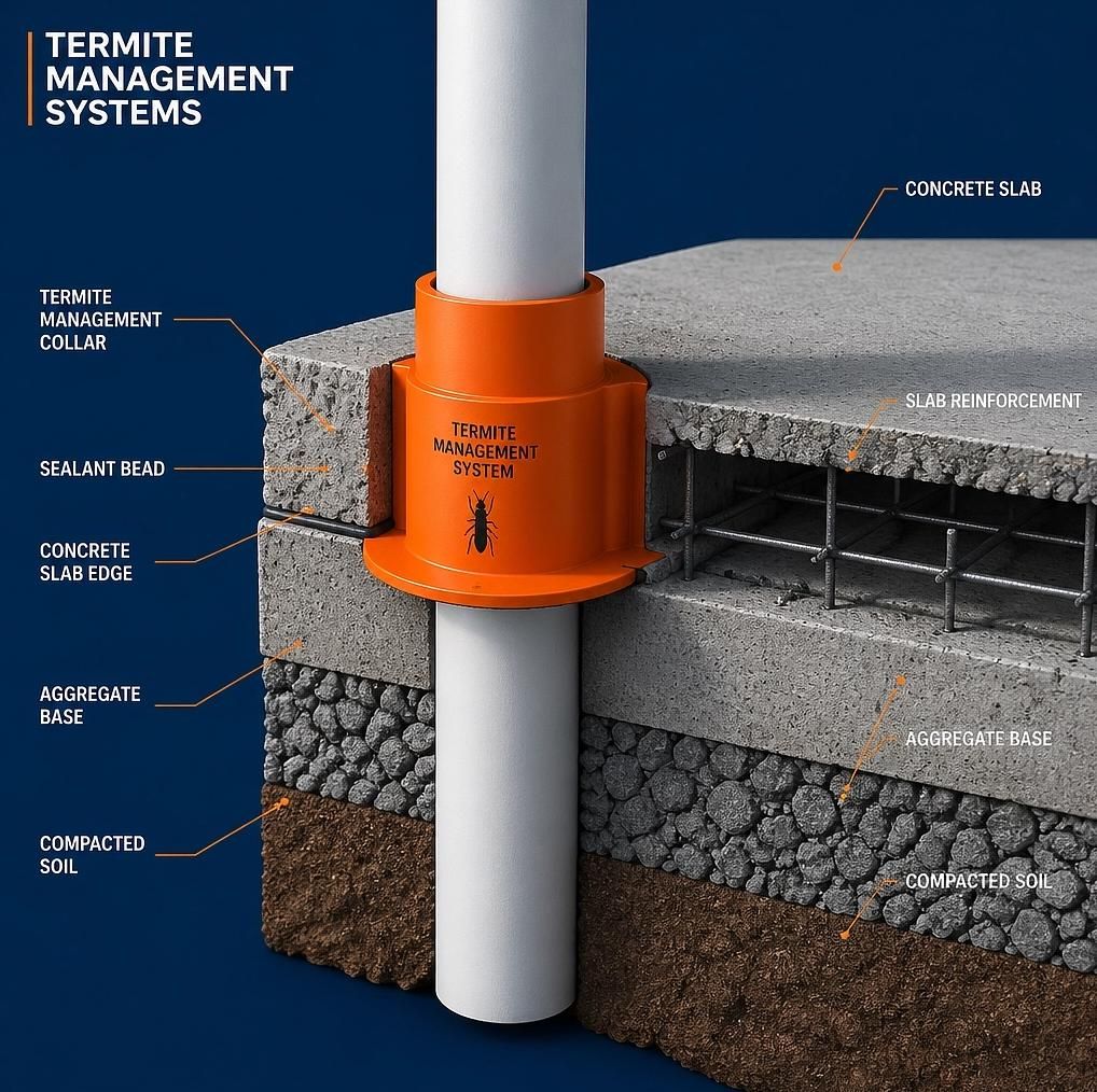 A cross-sectional diagram showing a termite management system integrated into a concrete slab foundation with labeled components.