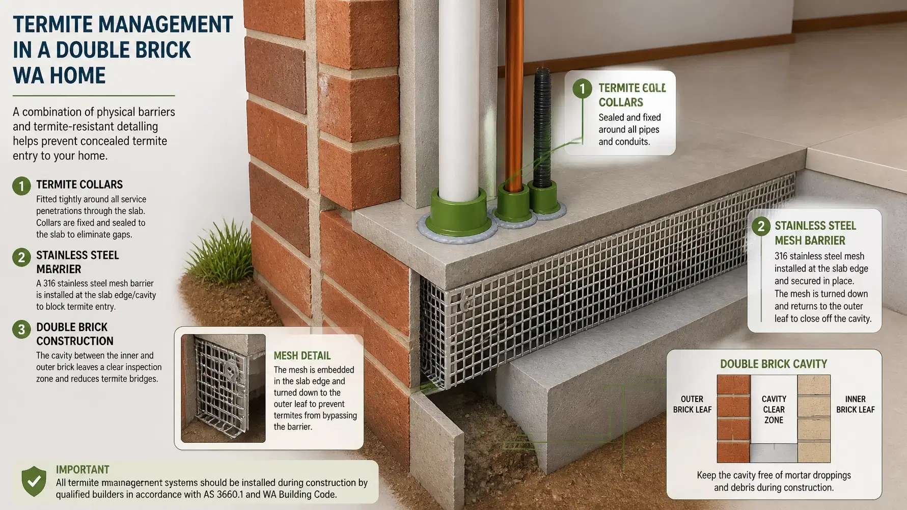 Visual breakdown of termite management in a double brick home highlighting sealed collars and cavity interfaces.