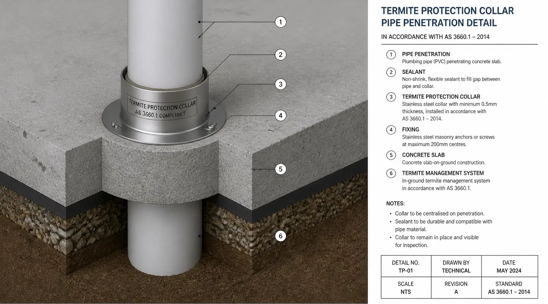 A detailed cross-section of a compliant termite protection collar system for a PVC pipe penetration through a concrete slab.