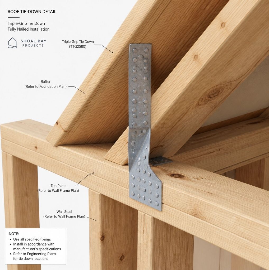 Close-up of a triple-grip tie-down bracket connecting a rafter and top plate with full nailing