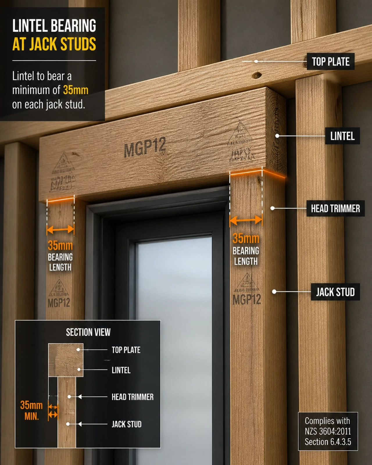 3D forensic detail of a timber lintel showing orange highlight on the 35mm bearing point