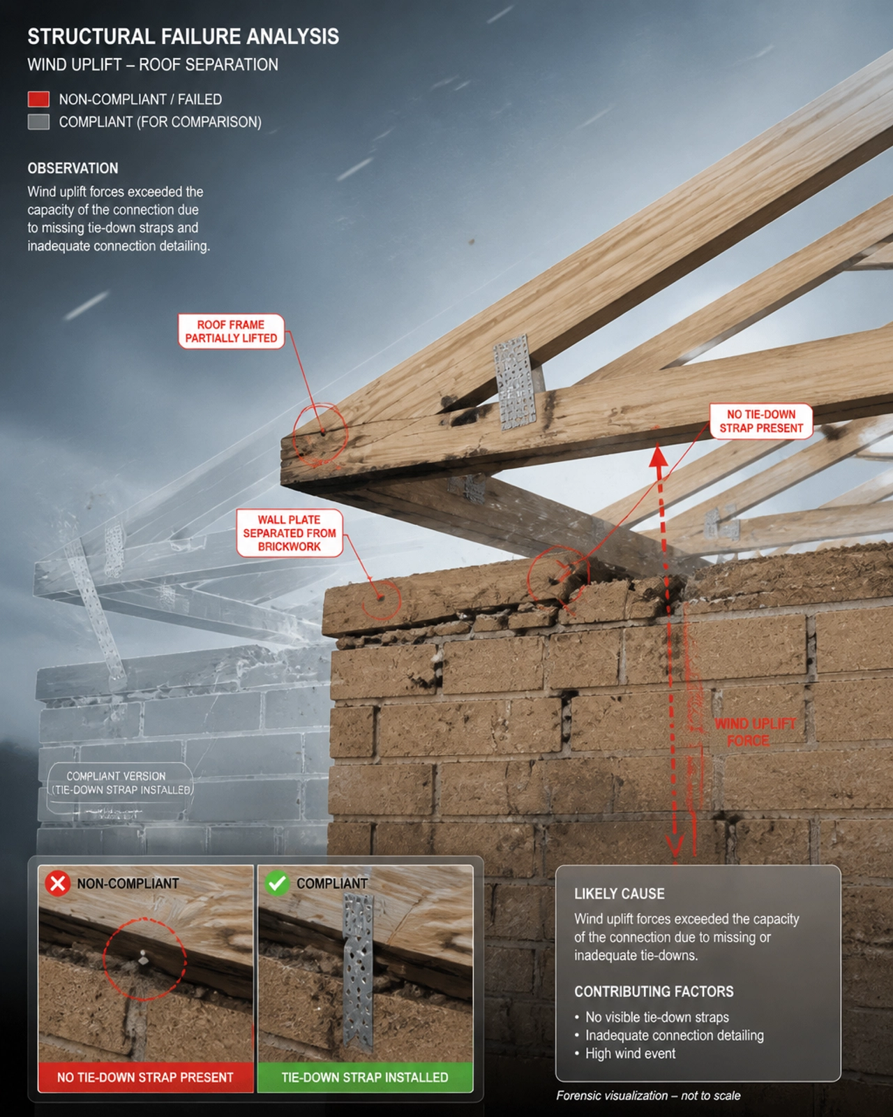 Forensic 3D visualization showing a timber roof lifting off a wall plate due to failed tie-downs