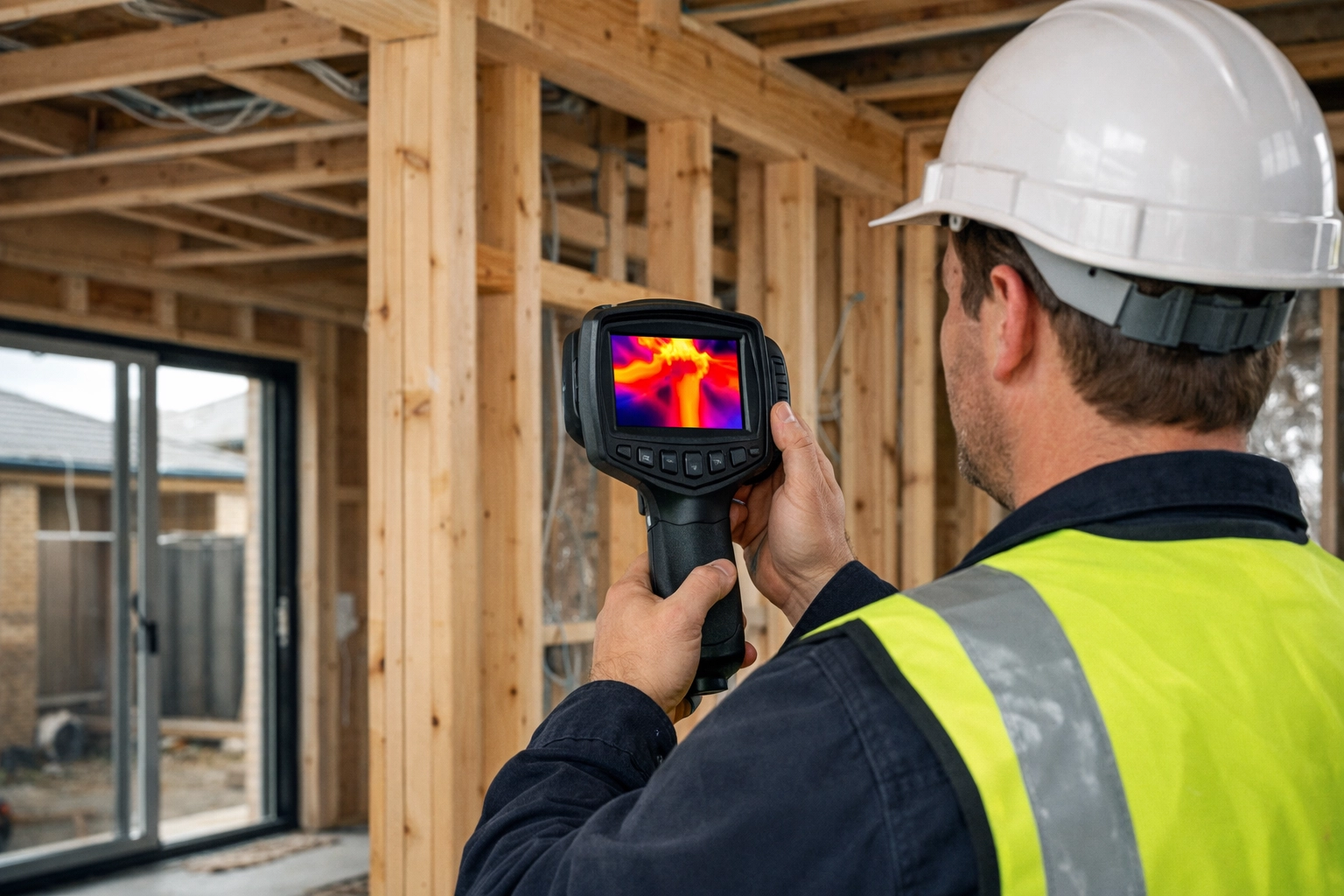 Building inspector using thermal imaging to detect hidden structural defects