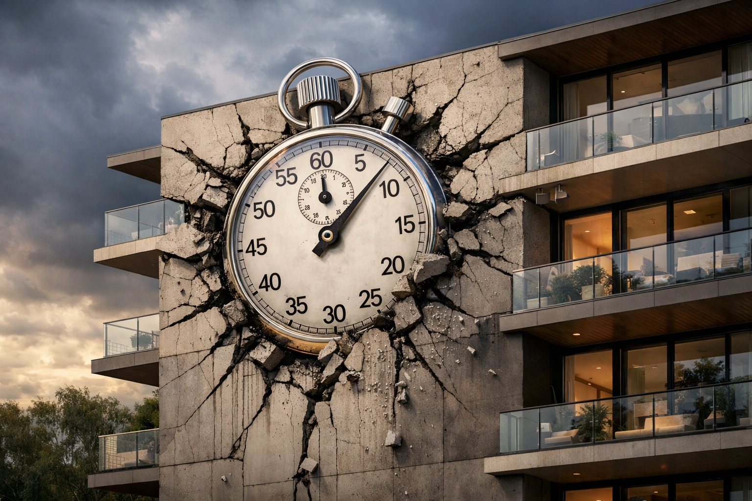 A stopwatch causing cracks in a luxury building facade