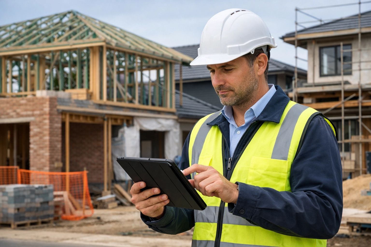 Project manager using a tablet to verify building compliance at an Australian construction site