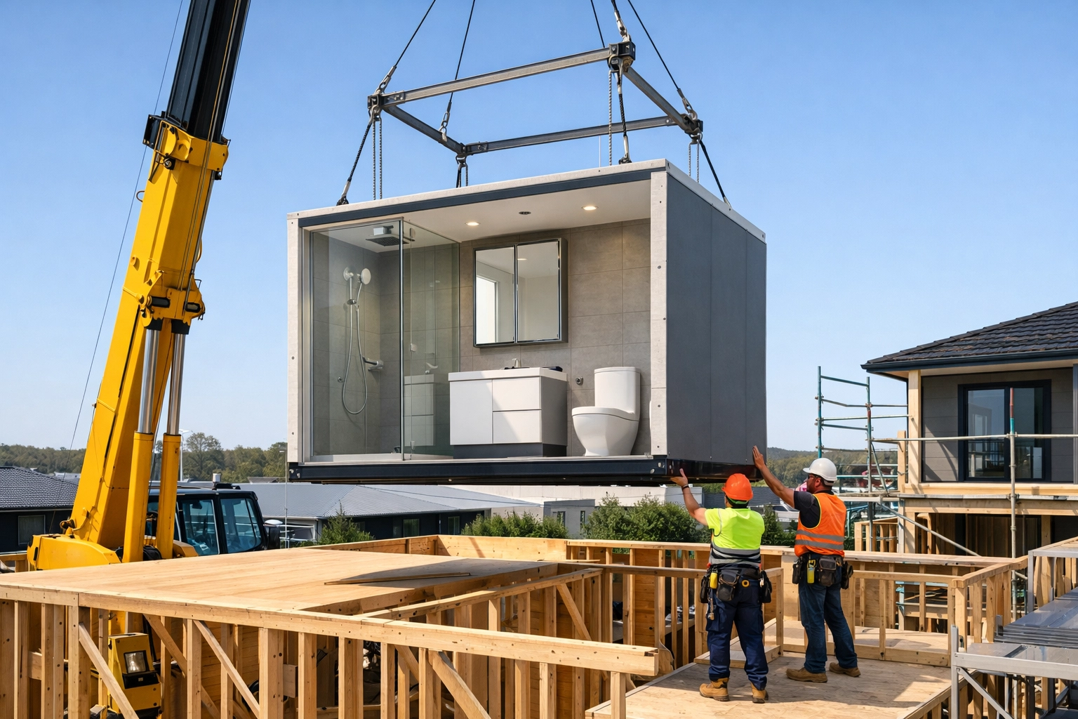 Modern modular bathroom pod being installed in a high-rise residential construction project