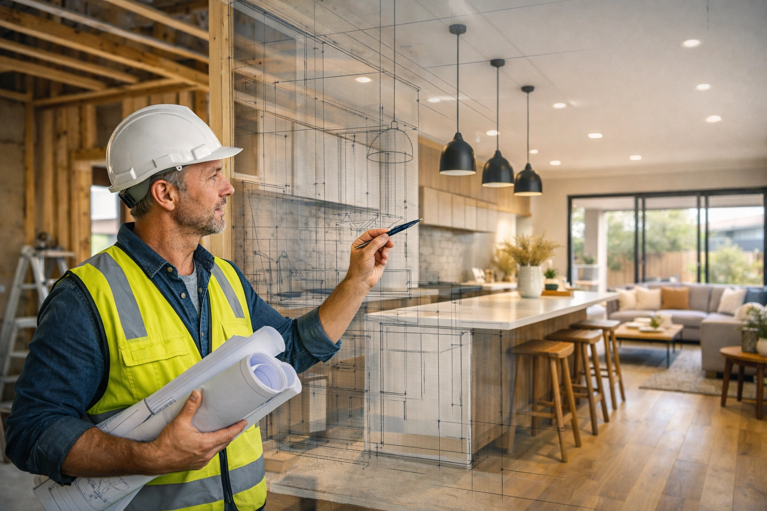 Construction advisor visualizing finished interior design through a strategic glass blueprint