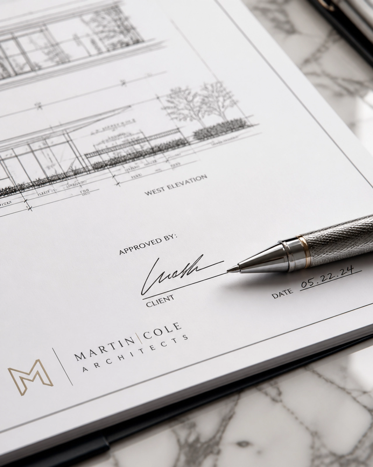 A professional architectural setting with blueprints and a premium pen ready for a contract signature