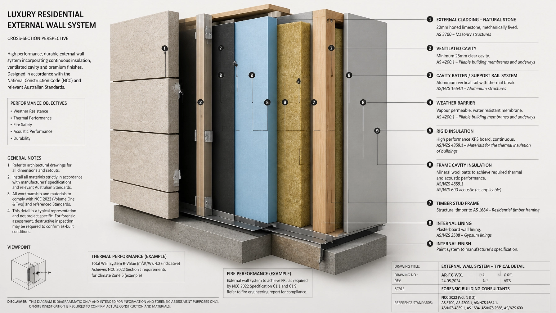 3D cross-sectional diagram of a residential wall system with technical callouts for compliance and standards