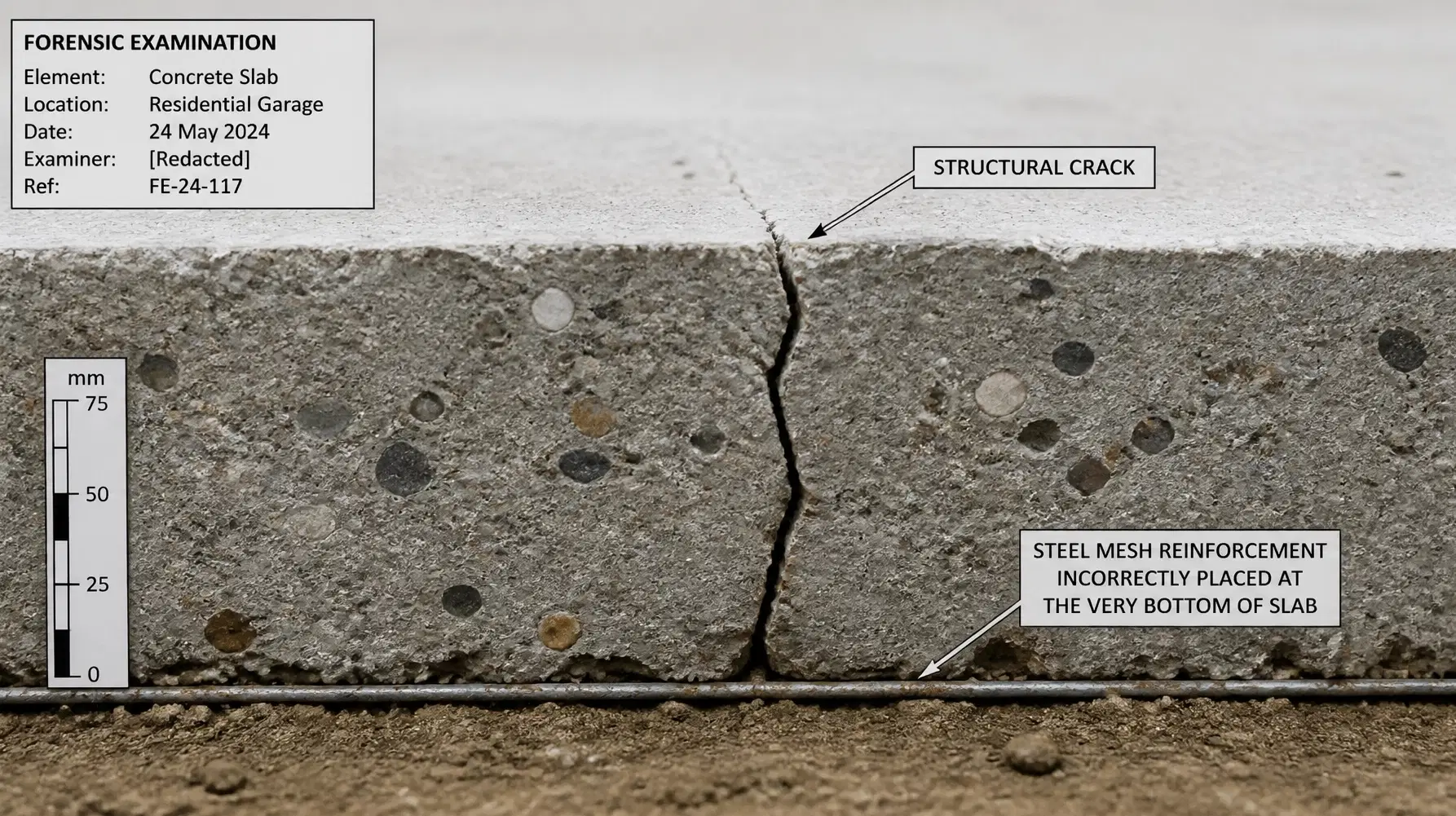 Forensic examination of a concrete slab core sample showing a major structural crack and misaligned steel mesh.